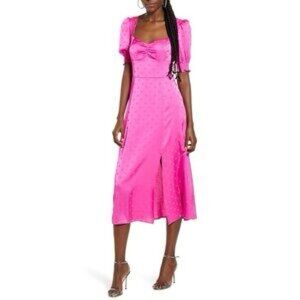 Wayf Fuchsia Midi Dress with Puff Sleeves